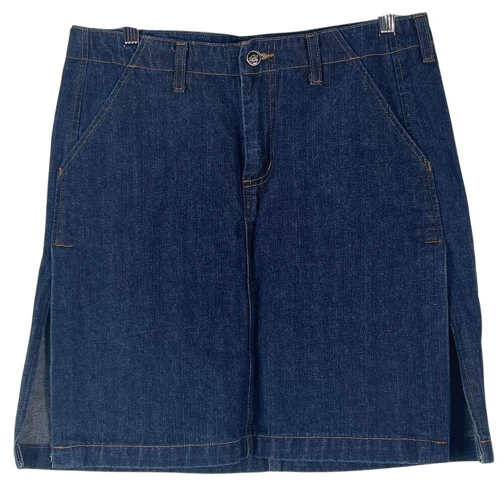 Dickies Women's Denim Mini Skirt Size 5 Side Slits Pockets Medium Wash Belt Loop